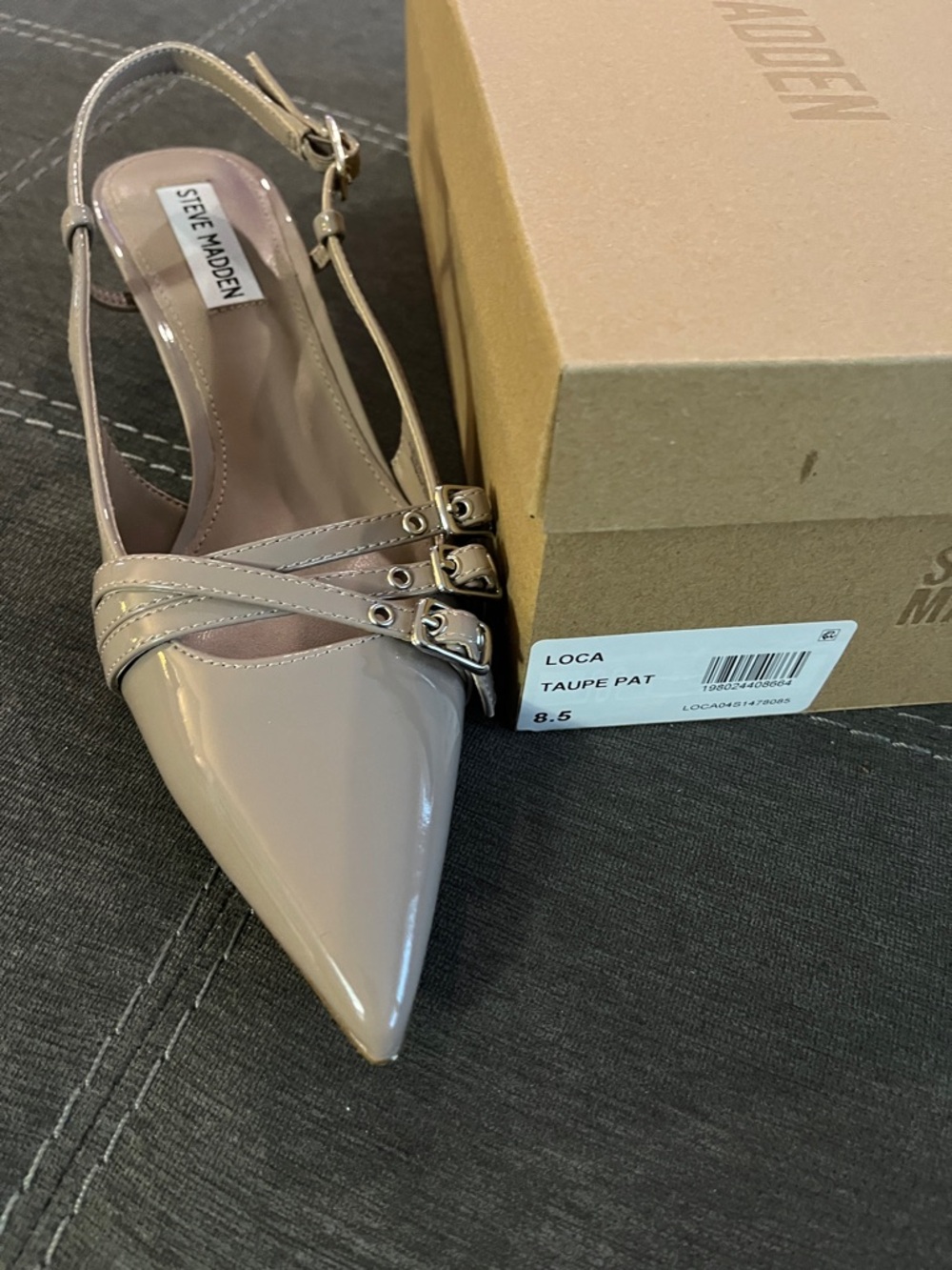 Steve Madden Taupe Patent Pointed Slingback Pumps with Buckle Straps 8.5 NIB